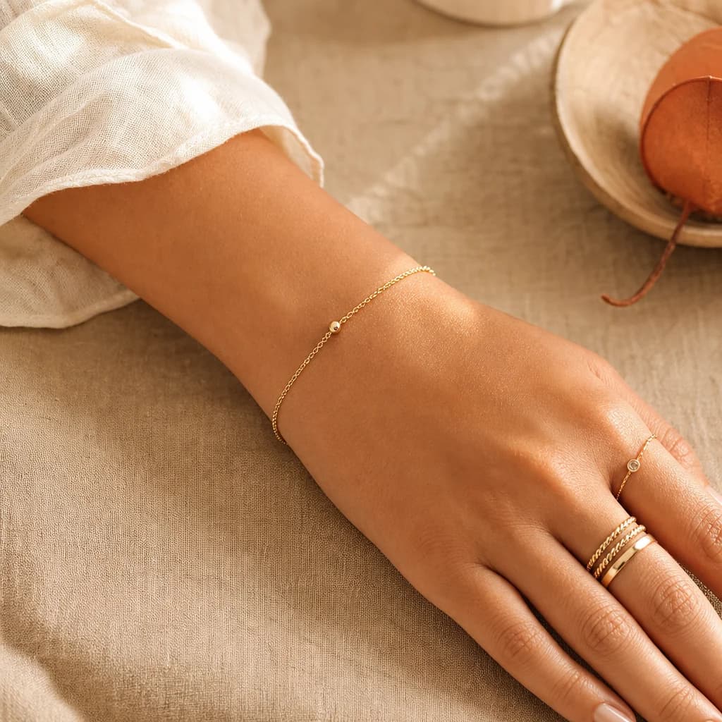 Close-up of a hand wearing a minimalist gold bracelet on warm linen